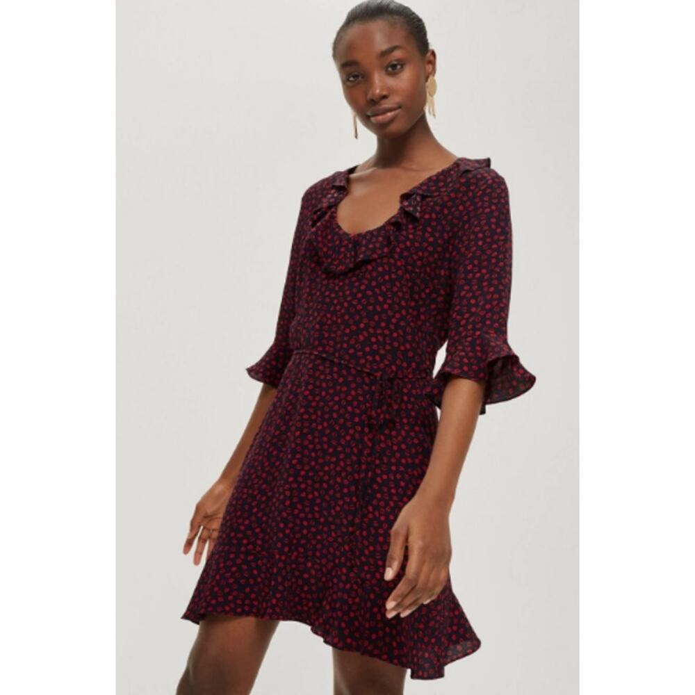 Topshop Women's Navy Red Lip Print Fit & Flare Ruffle Frill Dress Size 6‎